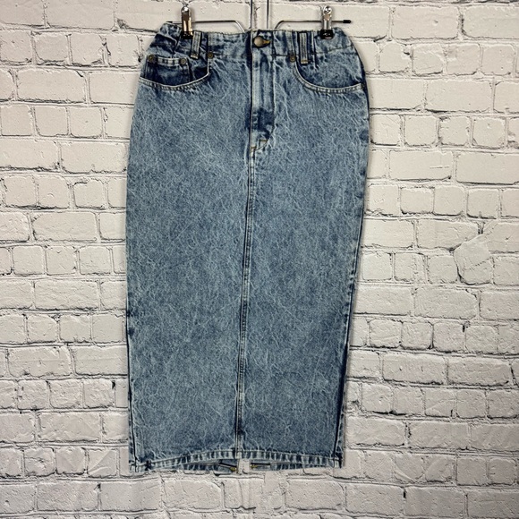 WHIPP Dresses & Skirts - Whipp Vintage 80s 90s Acid Wash Blue Denim Midi Skirt Back Button Slit Size 9/10